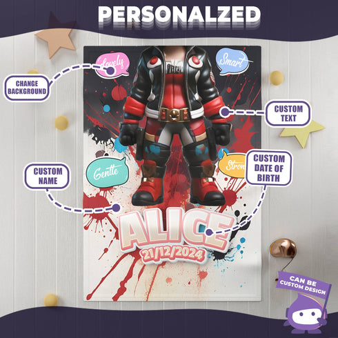 Personalized Baby Superhero Blanket – Harley Quinn Style | Custom Name, Date & Bold Backgrounds